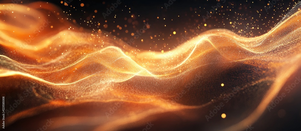 Poster abstract golden waves with sparkling particles and a dark background, creating a flowing motion effe
