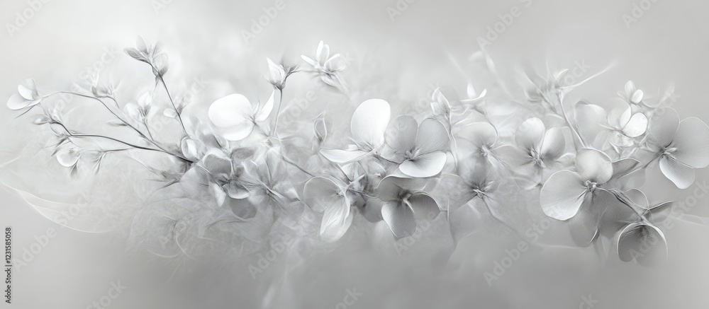 Poster delicate white floral abstraction against a soft gray background featuring gentle curves and texture