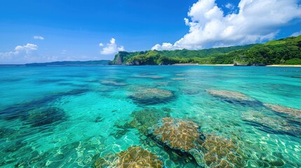 Fototapeta premium Clear blue waters with Sekisei Lagoon coral,