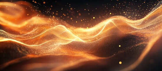 Obraz premium Abstract golden waves with sparkling particles and a dark background, creating a flowing motion effect. Warm tones dominate the composition.