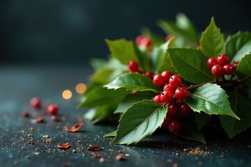 A bundle of golden holly branches on a dark table, branch, holly, shiny
