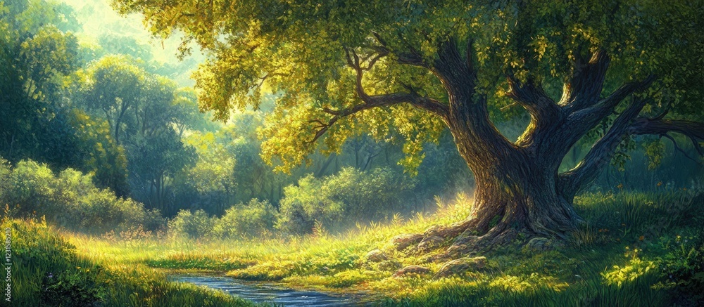 Poster majestic tree with large green leaves stands tall in vibrant green forest, sunlight filters through 