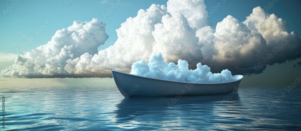 Poster calm serene scene with a white boat floating on smooth blue water beneath fluffy white clouds reflec