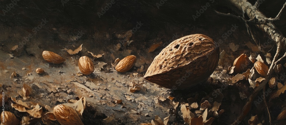 Poster close-up view of a rustic almond with rich brown textures surrounded by scattered almonds and dried 