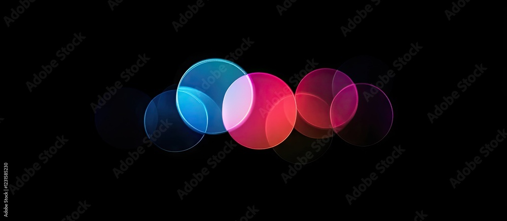 Leinwandbilder Multicolored bokeh lights in shades of blue and red create a mesmerizing effect against a deep black background with soft circular shapes.