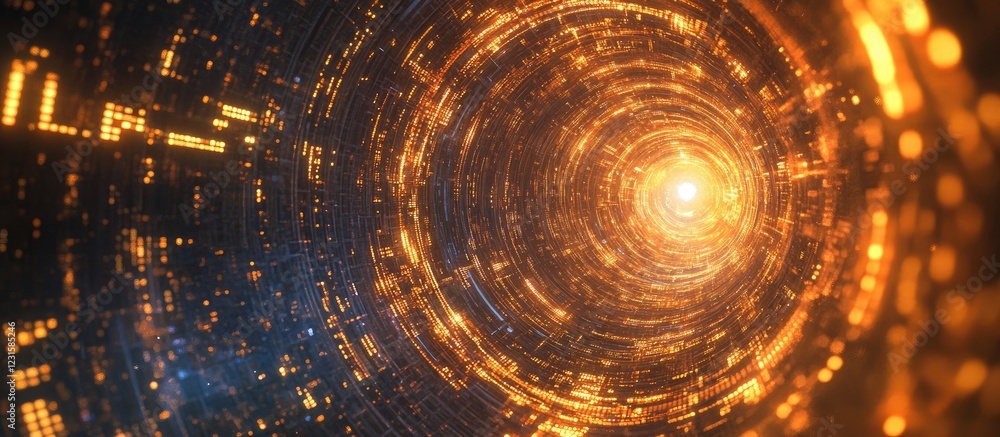 Poster Dynamic swirling binary code in vibrant orange and blue tones, creating a futuristic tunnel effect highlighting advanced digital technology.