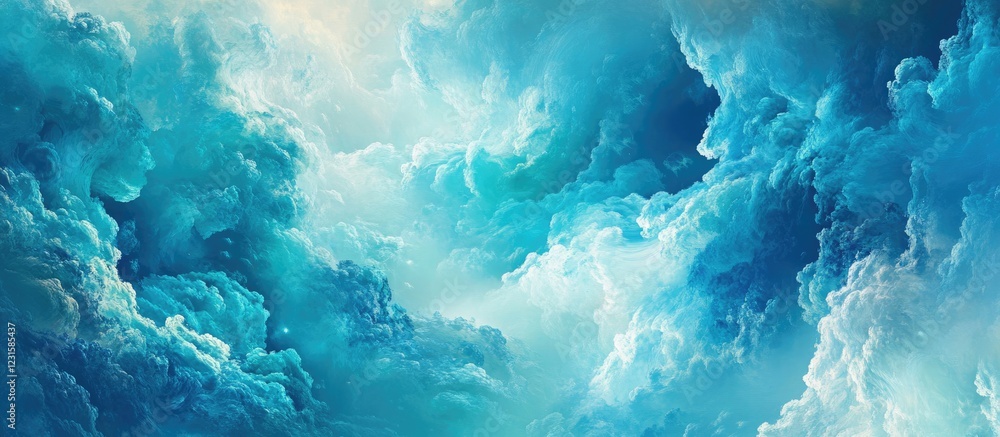 Aufkleber Blue and turquoise clouds create a mesmerizing sky panorama with soft gradients positioned in the center against a dreamy backdrop.