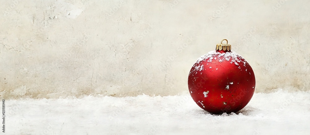 Poster red christmas ornament positioned slightly right on a rustic white background with soft snowflakes e