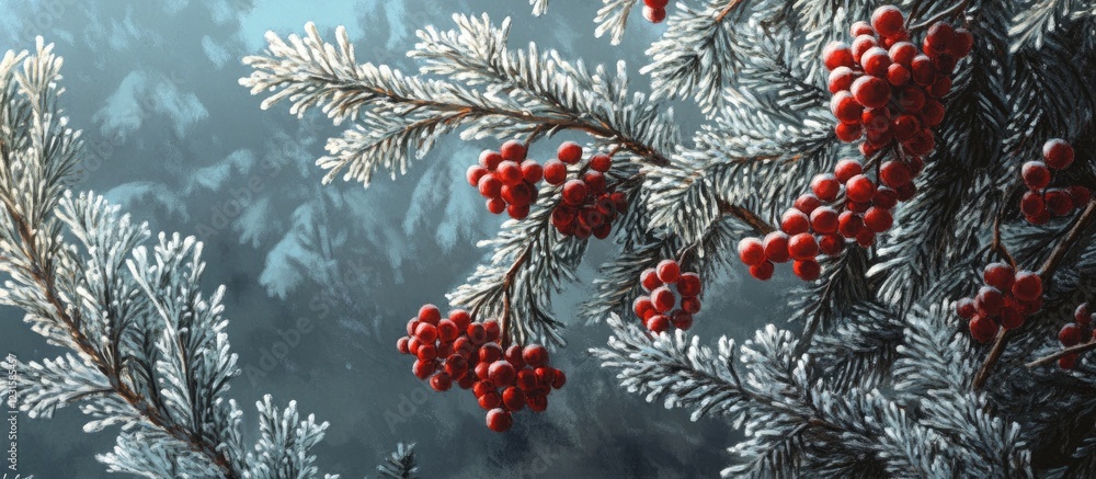 Poster frosty red berries adorn lush green christmas tree branches set against a soft blue background creat