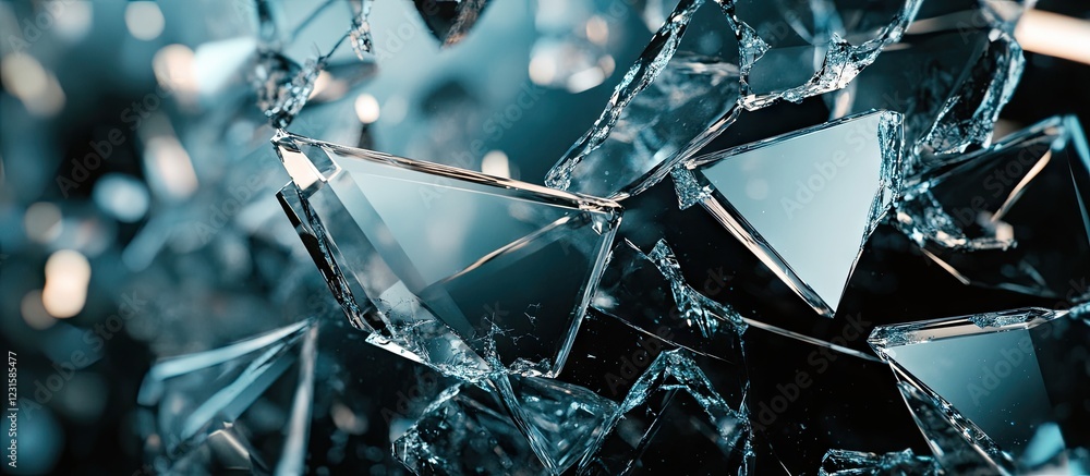 Leinwandbilder close up of shattered glass fragments displaying reflective surfaces with blue and grey tones highli