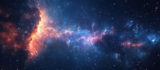 Naklejka premium Vibrant cosmic scene featuring a colorful nebula with swirling gas and stars in deep blue and orange hues illustrating the vastness of space