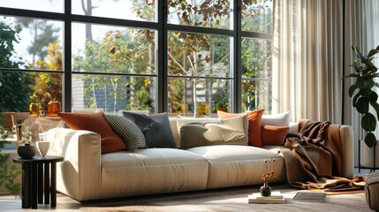 A comfortable, elegant and modern living room with sofas, windows and decorations.