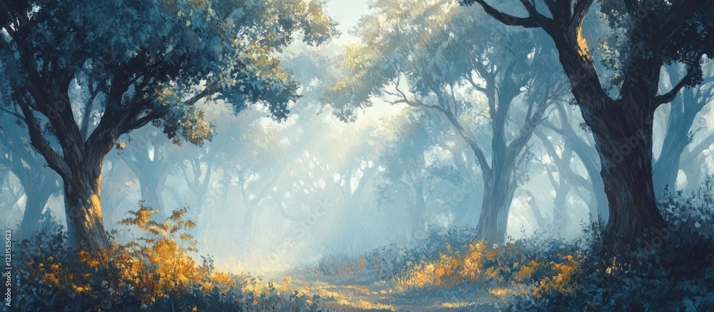 Aufkleber Misty forest scene with towering trees and soft blue fog creating a tranquil atmosphere, golden leaves subtly illuminated by gentle light.
