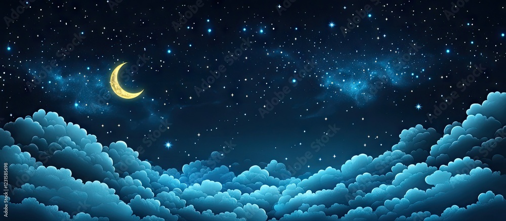 Poster magical night sky with dark blue clouds and shimmering stars, featuring a crescent moon positioned i