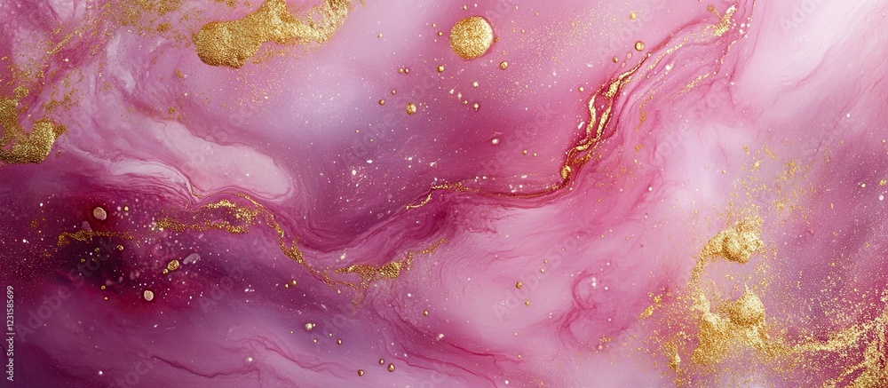 Poster celestial pink and gold galaxy background featuring swirling patterns and shimmering accents creatin