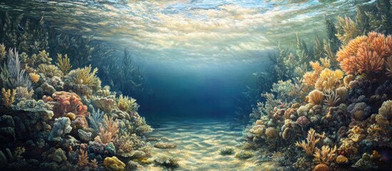 Vibrant coral reef teeming with diverse marine life under serene turquoise waters illuminated by soft sunlight filtering through the surface