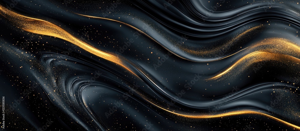 Poster Abstract golden flowing lines gracefully move across a soft black background, creating a modern and elegant tech aesthetic with luxurious vibes.