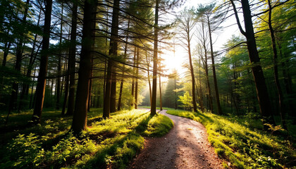 Obraz premium a peaceful forest trail with sunlight streaming through the trees