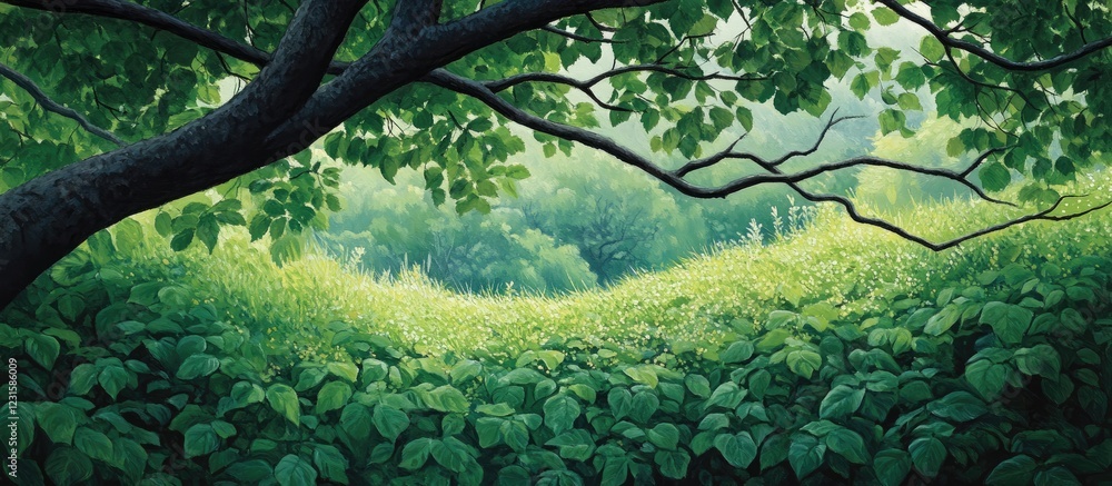 Poster lush dense green foliage in foreground with soft sunlight filtering through arching branches creatin