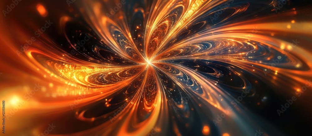 Leinwandbilder Dynamic swirl of orange and gold fractals with a dark background creating a vibrant explosion of light and energy at the center of the image.