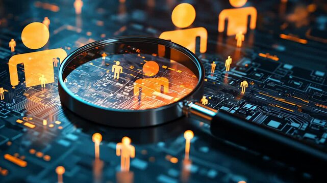 HRM or Human Resource Management, Magnifier glass focus to manager icon which is among staff icons for human development recruitment leadership and customer target. resume, interview.