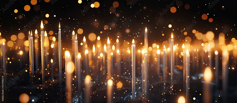 Poster glowing white celebration candles arranged in neat rows against a dark backdrop filled with blurred 