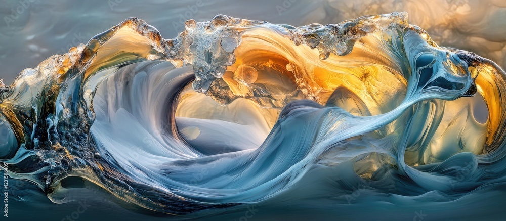 Aufkleber abstract image of vibrant swirling ink and water with shades of blue, gold, and silver creating a fl