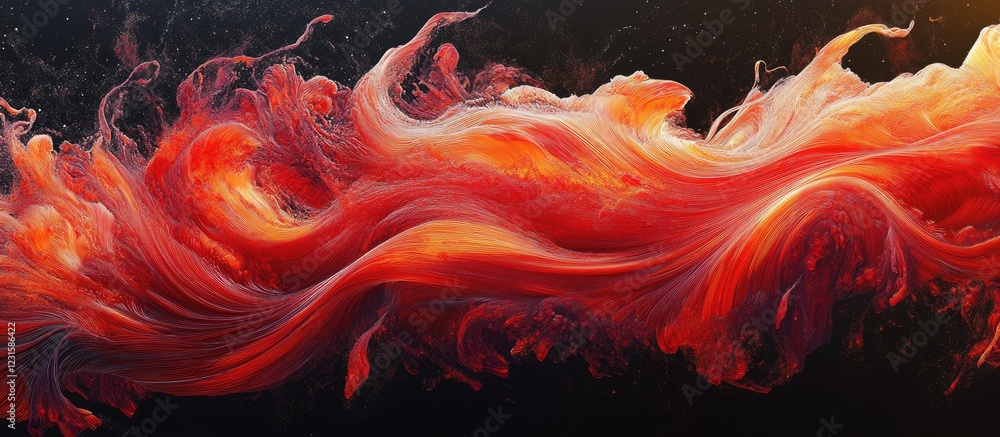 Poster Vibrant swirls of orange and red paint cascading across a dark background creating a dynamic and fluid abstract art piece.