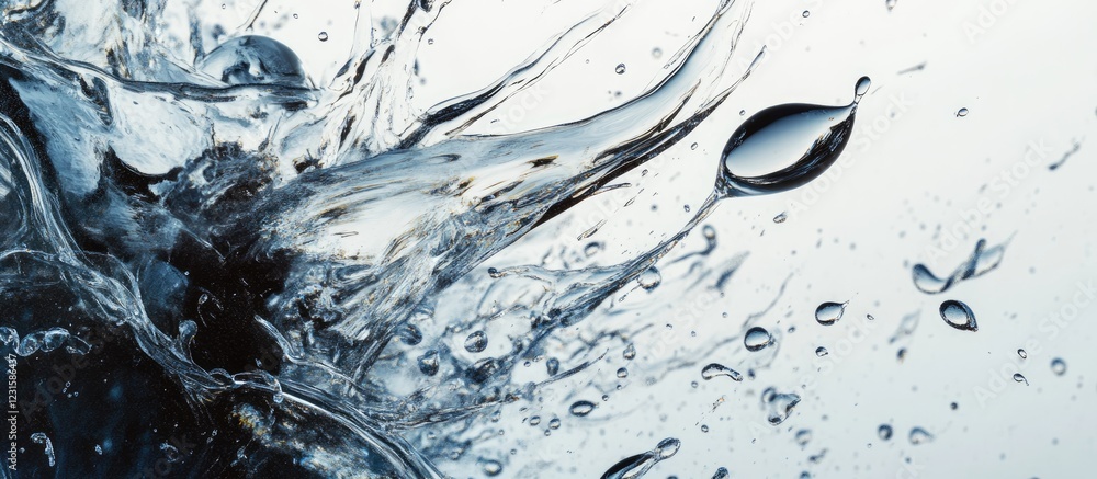 Poster liquid droplets from oil splash against a clean white background showcasing intricate textures and r