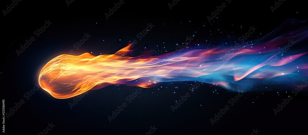 Poster colorful comet motion with fiery orange and blue streaks against a dark background, showcasing dynam