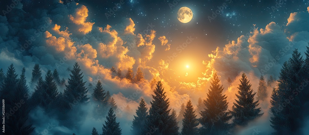 Poster Enchanting night sky with illuminated clouds and a glowing moon over silhouetted fir trees, creating a magical New Year atmosphere.