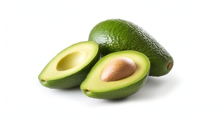 Ripe avocados halved and whole on white background, ideal for healthy food recipes and culinary websites