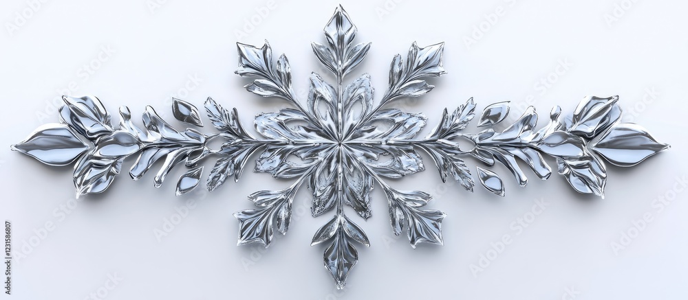 Fototapete Intricate snowflake design displays detailed frost patterns and fractures in silver tones centered on a soft blurred white background.