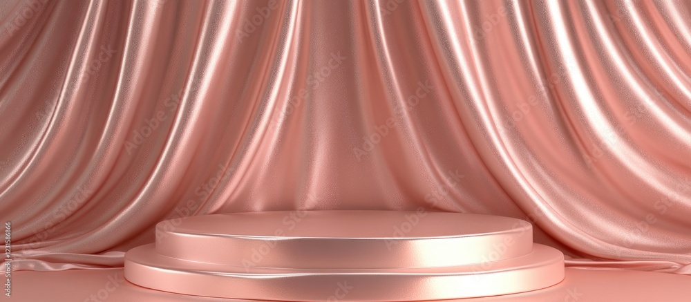 Poster Elegant 3D podium centered in soft pink satin fabric backdrop, showcasing smooth curves and a refined design for stylish presentations.