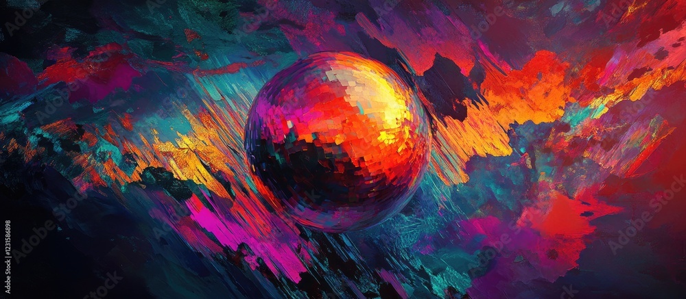Poster vibrant abstract composition featuring a central glowing orb in fiery orange and red surrounded by d