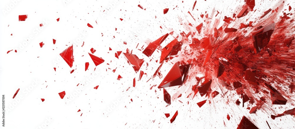 Aufkleber Red shards in dynamic motion create a striking explosion against a bright white background emphasizing vivid red hues and energy of the scene.