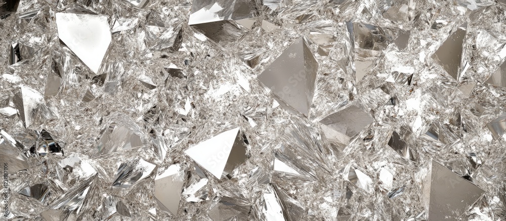 Poster shimmering fragments of cut diamonds and crystals with intricate shapes scattered across a reflectiv