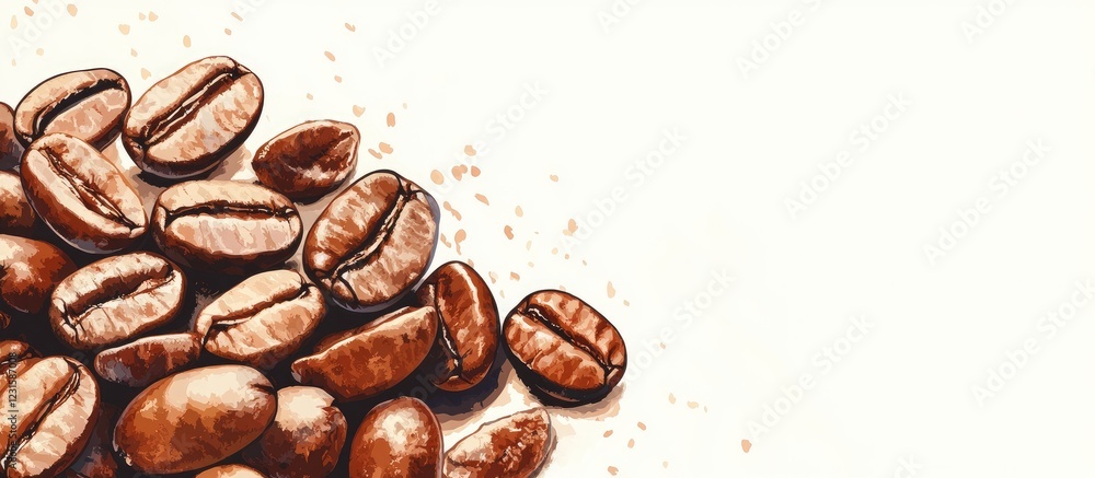 Poster Coffee beans scattered on a light beige background with a large blank space for text creating an inviting banner for coffee promotions.