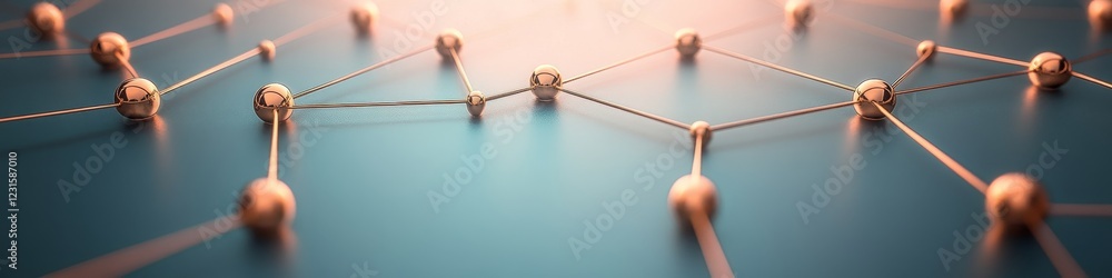 Poster digital connectivity abstract turquoise network with golden nodes in sharp focus under bright light