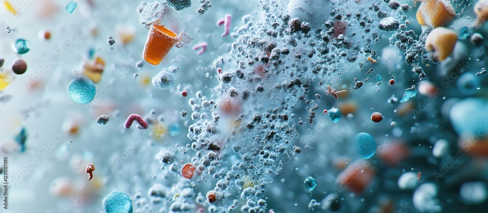 Aufkleber Colorful microscopic particles and bubbles dispersed in a soft blue background creating a dynamic and vibrant underwater effect.