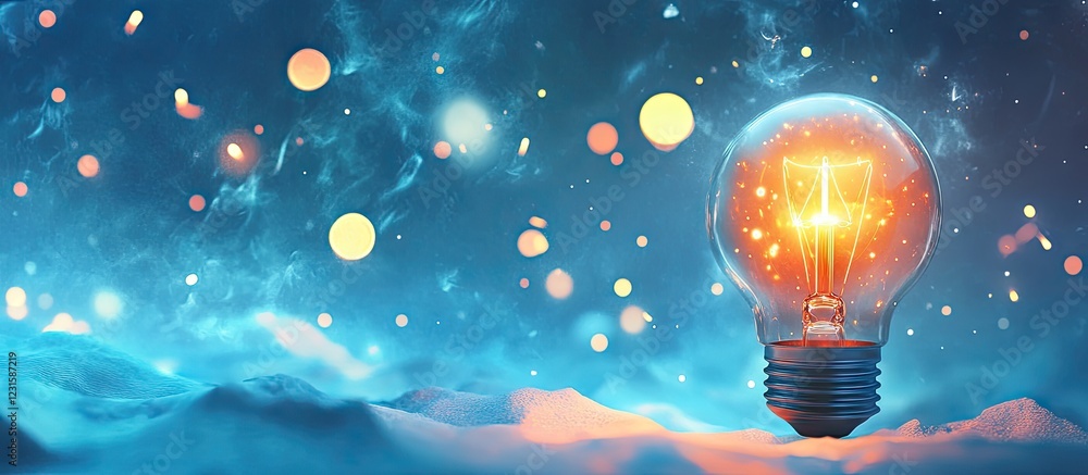 Poster Vibrant glowing light bulb illuminated against a dreamy blue background with soft white clouds and colorful bokeh effects accentuating its design