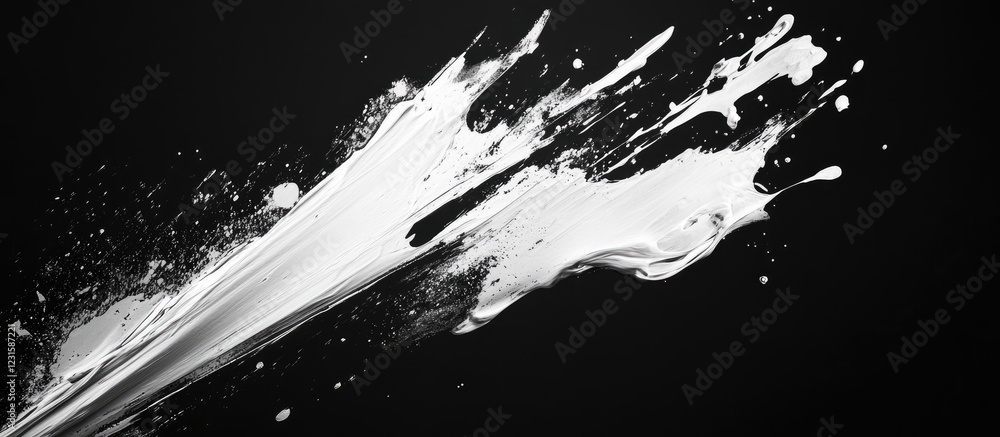 Poster dynamic splash of white paint on a black background, with fluid splatters and droplets creating a vi