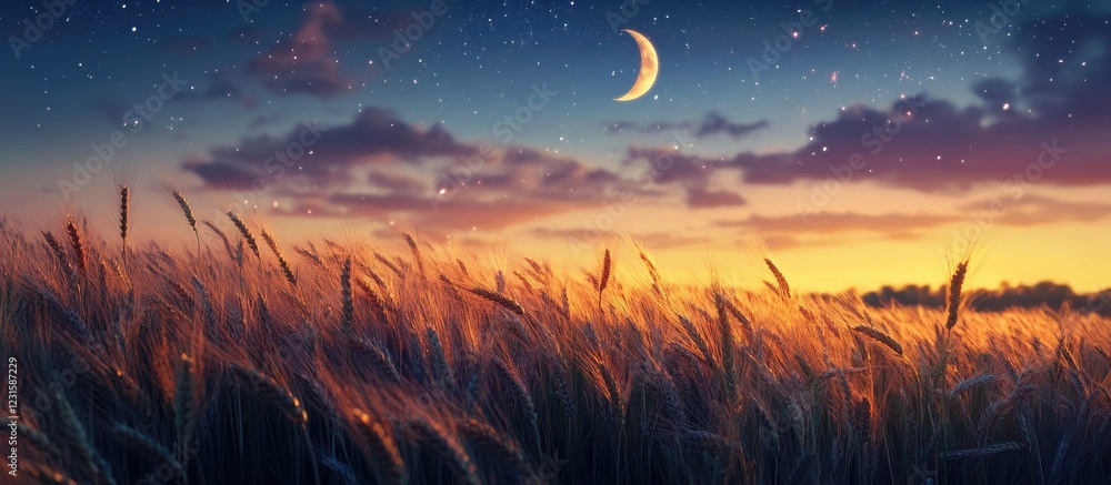 Poster twilight wheat field under a crescent moon and starry sky with warm golden hues swaying gently in an