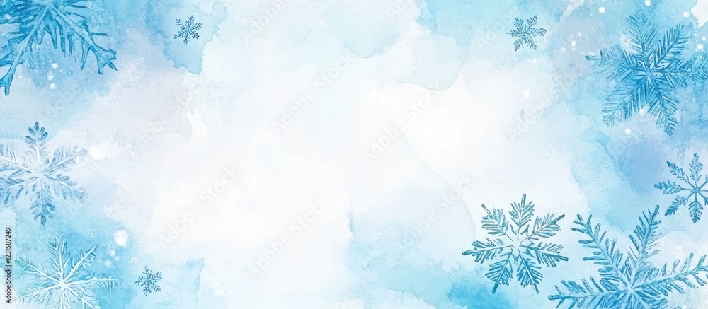 Aufkleber luminous blue and white watercolor snowflakes cascading from top left to bottom right, creating a se