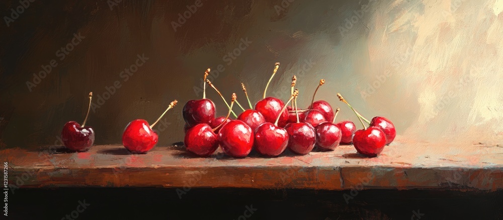 Poster vibrant red cherries scattered on a rustic wooden table with a soft gradient background highlighting