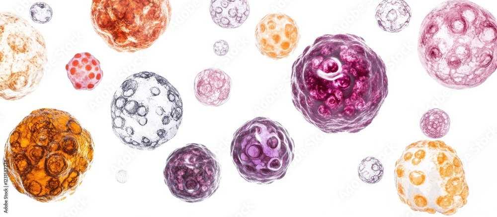 Poster colorful abstract cellular structures representing skin diseases on a clean white background showcas