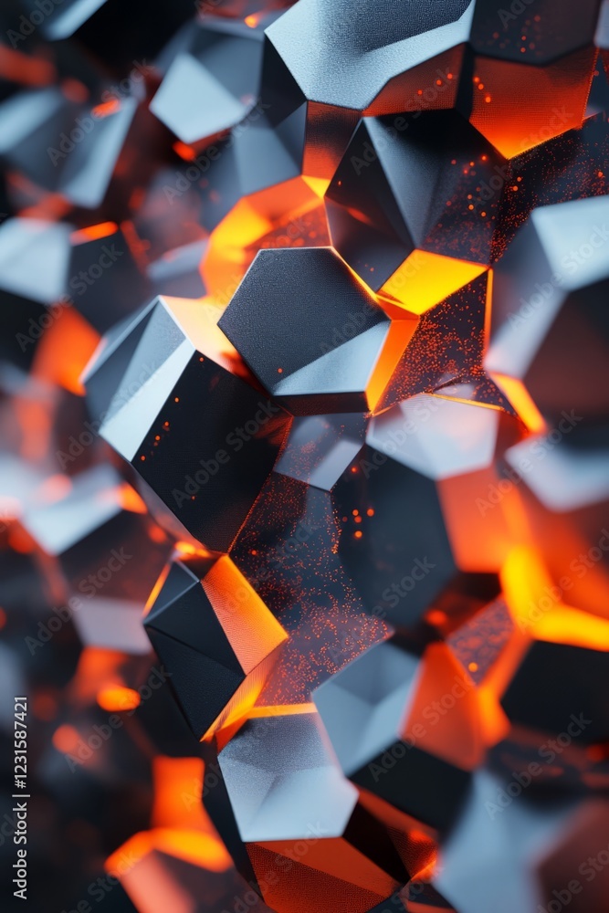 Poster a striking abstract image featuring glowing orange and black hexagonal shapes in a futuristic 3d geo