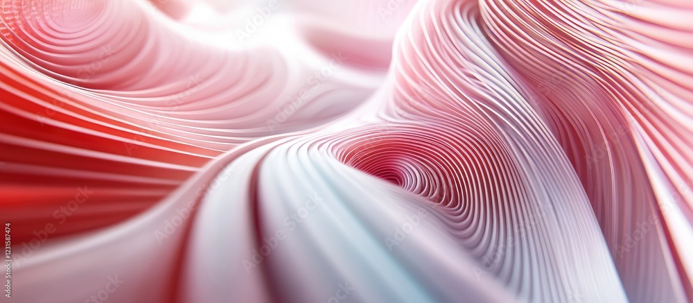 Poster flowing red and white waves of smooth, intricate lines capturing a futuristic digital design with an