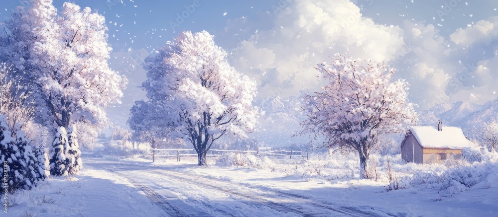 Poster tranquil winter landscape featuring snow-capped trees on both sides of a snowy road with a rustic ca