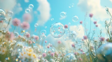 Dreamy meadow with bubbles, flowers, blue sky, and soft sunlight